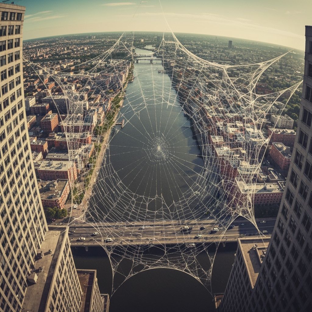 Bioluminescent Spider Web Between Buildings: Drone View