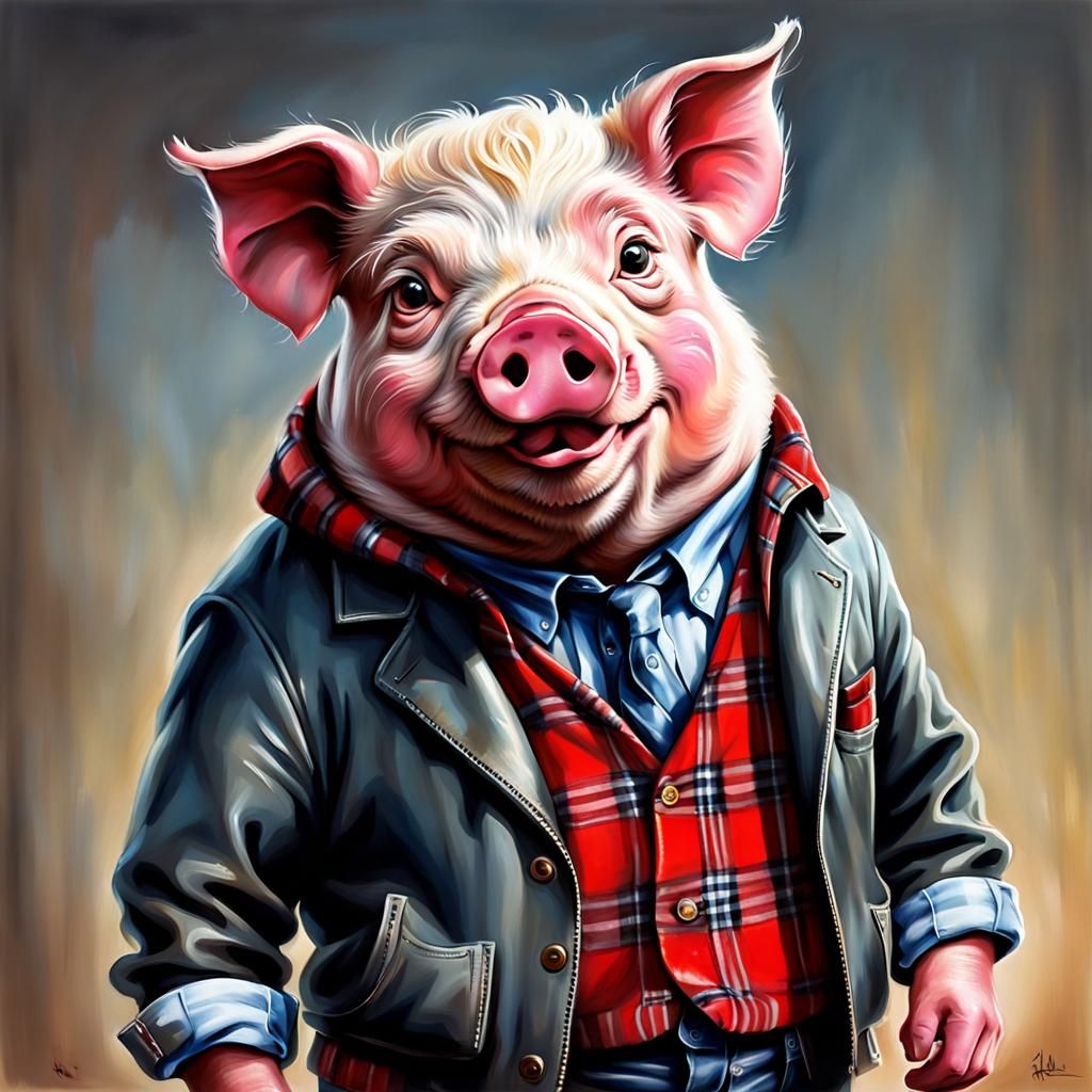Funny Pig in Clothes: Airbrushed Oil Painting