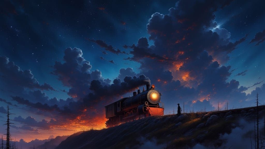 Mysterious Night Train Under Nebulous Sky