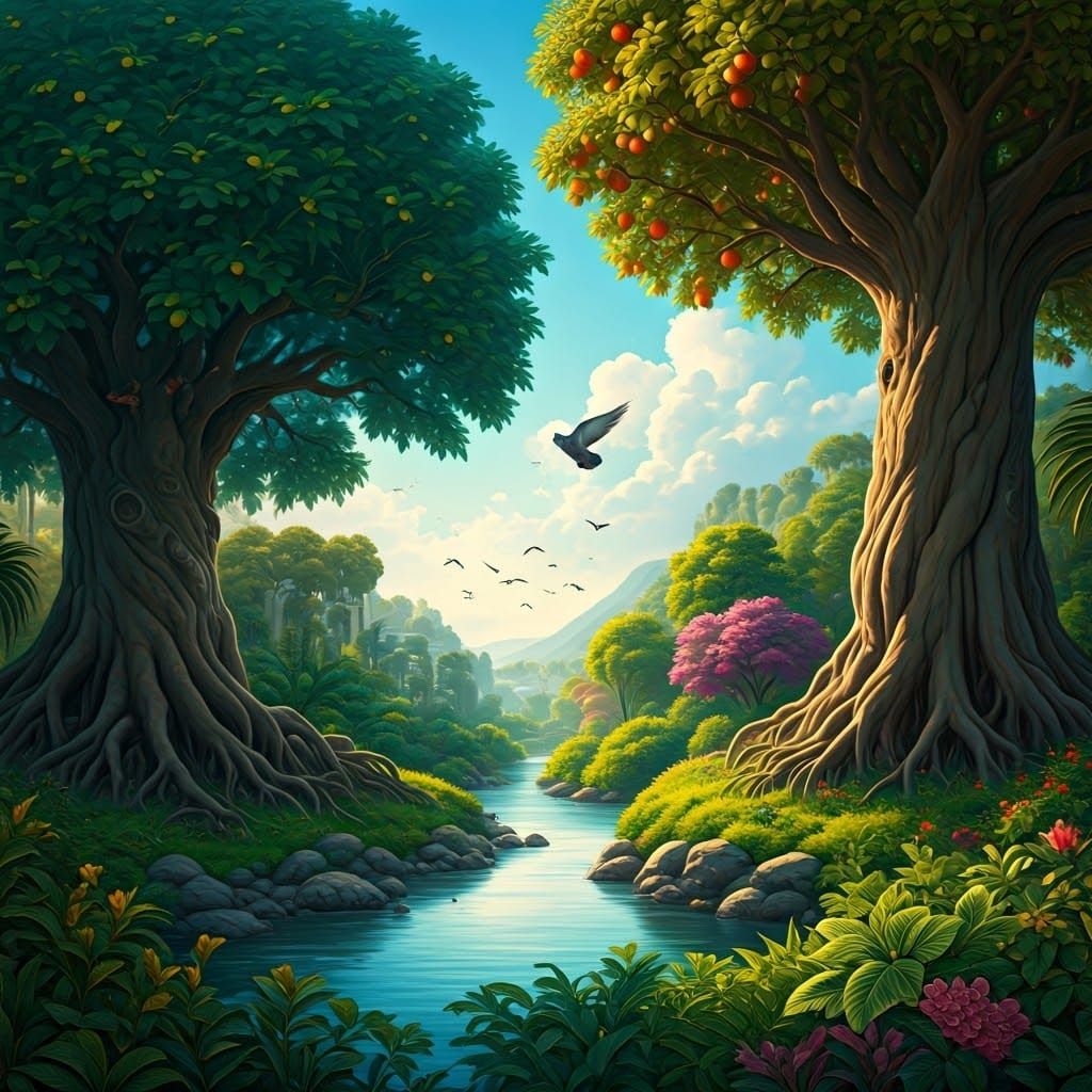 Lush Garden of Eden with Rivers and Fruit Trees