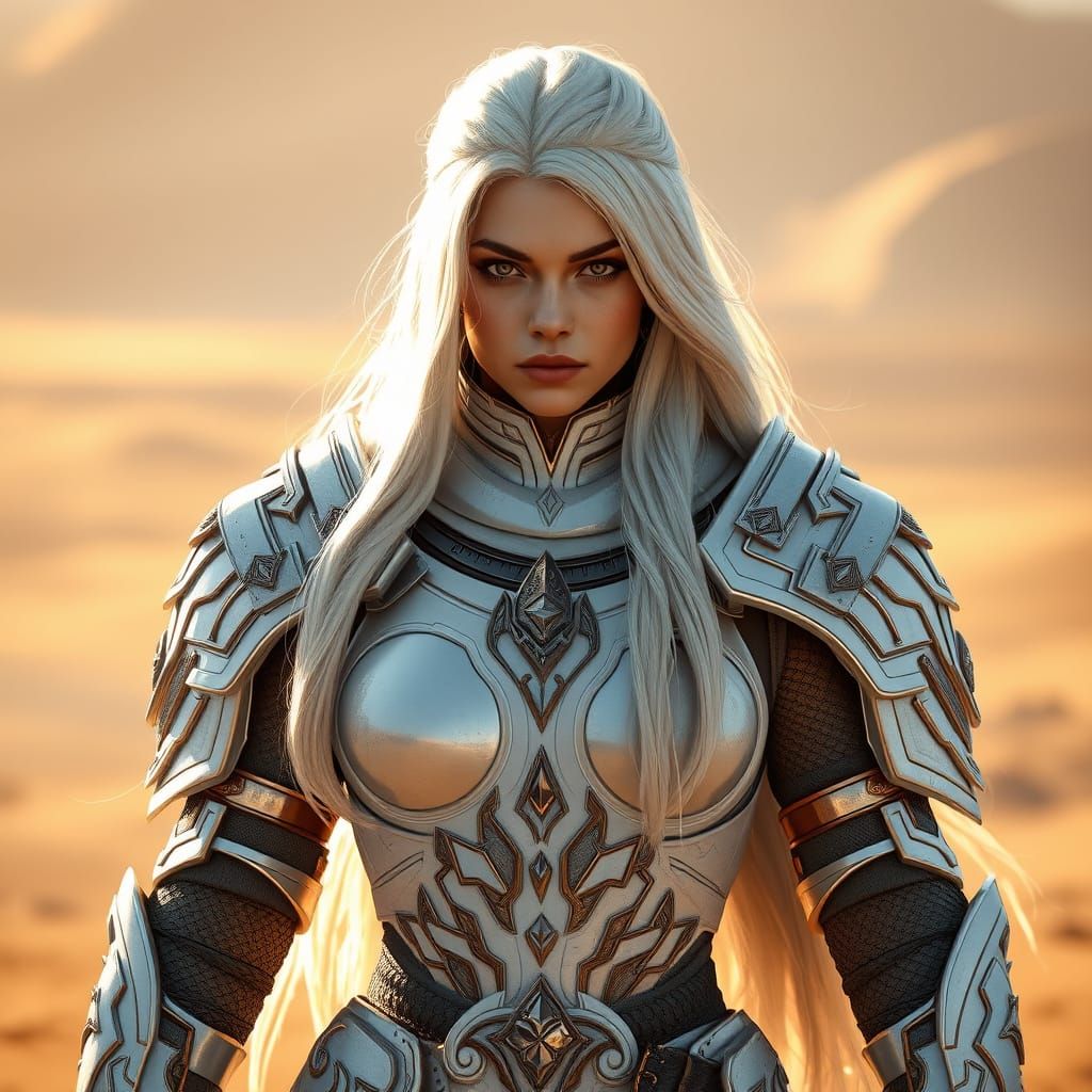 Regal Female Warrior in Futuristic White Armor