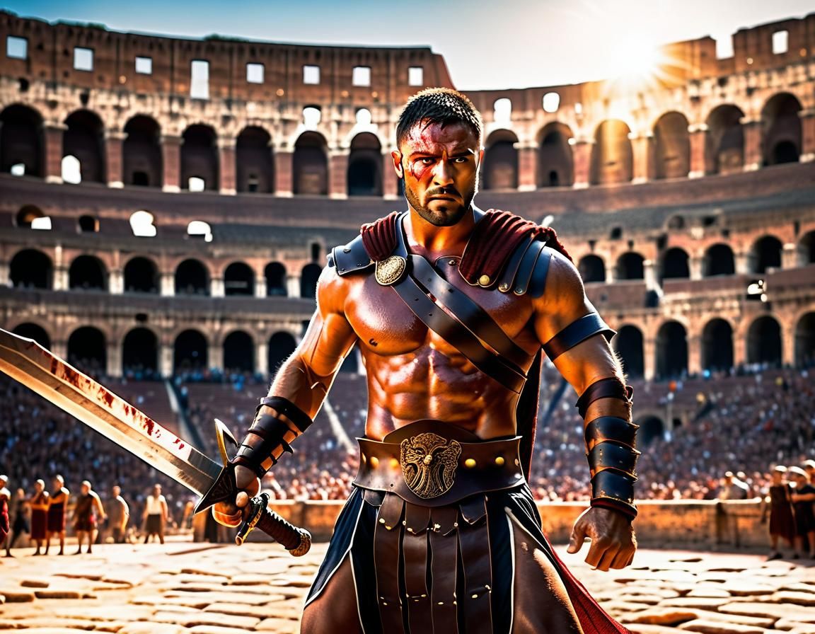 Cinematic poster-style photo of a battle-worn gladiator, with a chiseled physique and intense gaze, wielding a bloodied ...