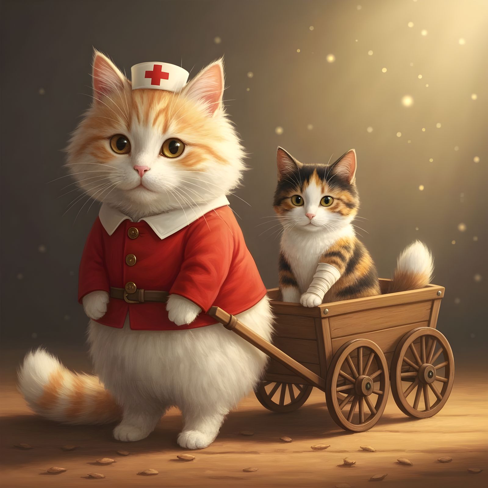 Cat Doctor and Injured Friend in Wagon