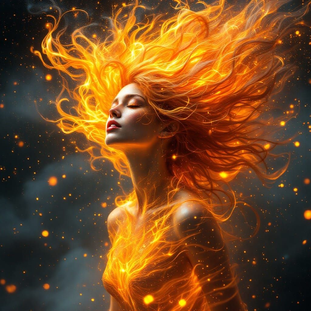 Fiery Woman in Cosmic Astral Landscape