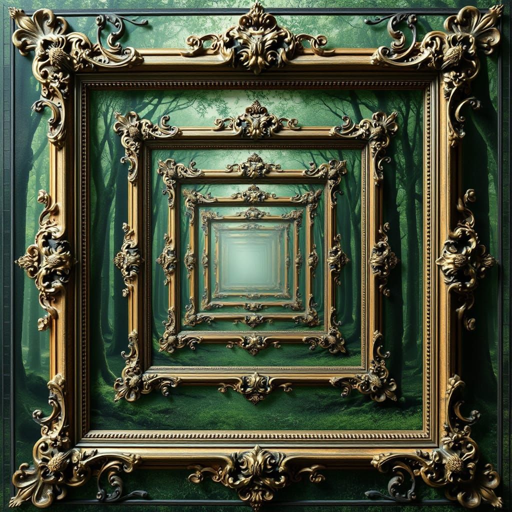 Recursive Forest Scene in Ornate Frames