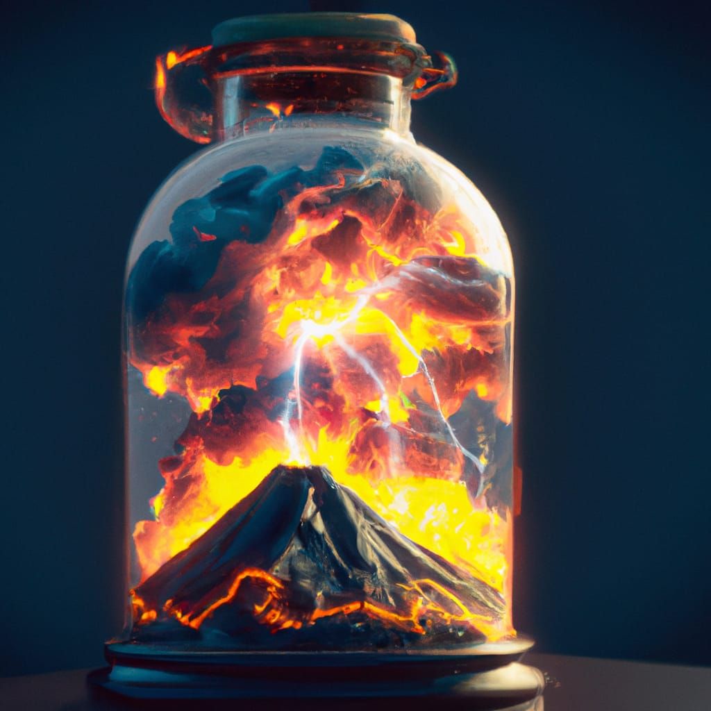 Volcano Eruption Inside Glass Jar, Epic Concept Art