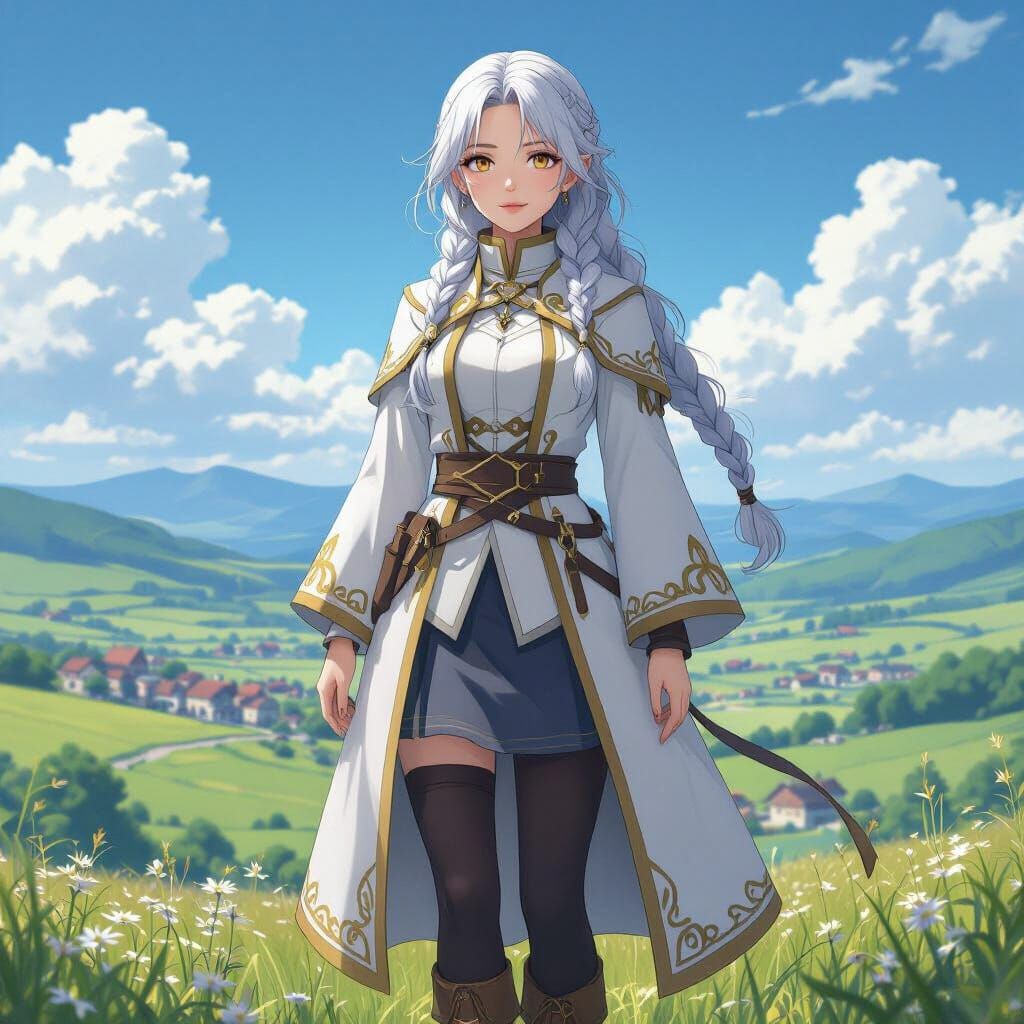 Frieren in a Soft Fantasy Landscape