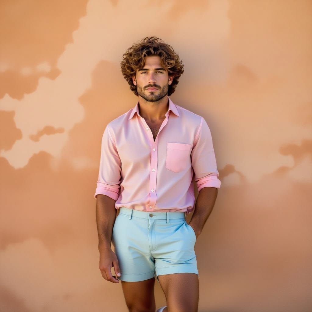 Man in Pink Shirt: Warm Portrait with Analog Effect