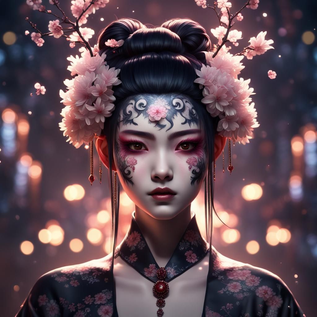 Goth Girl with Hannya Mask and Sakura Flowers