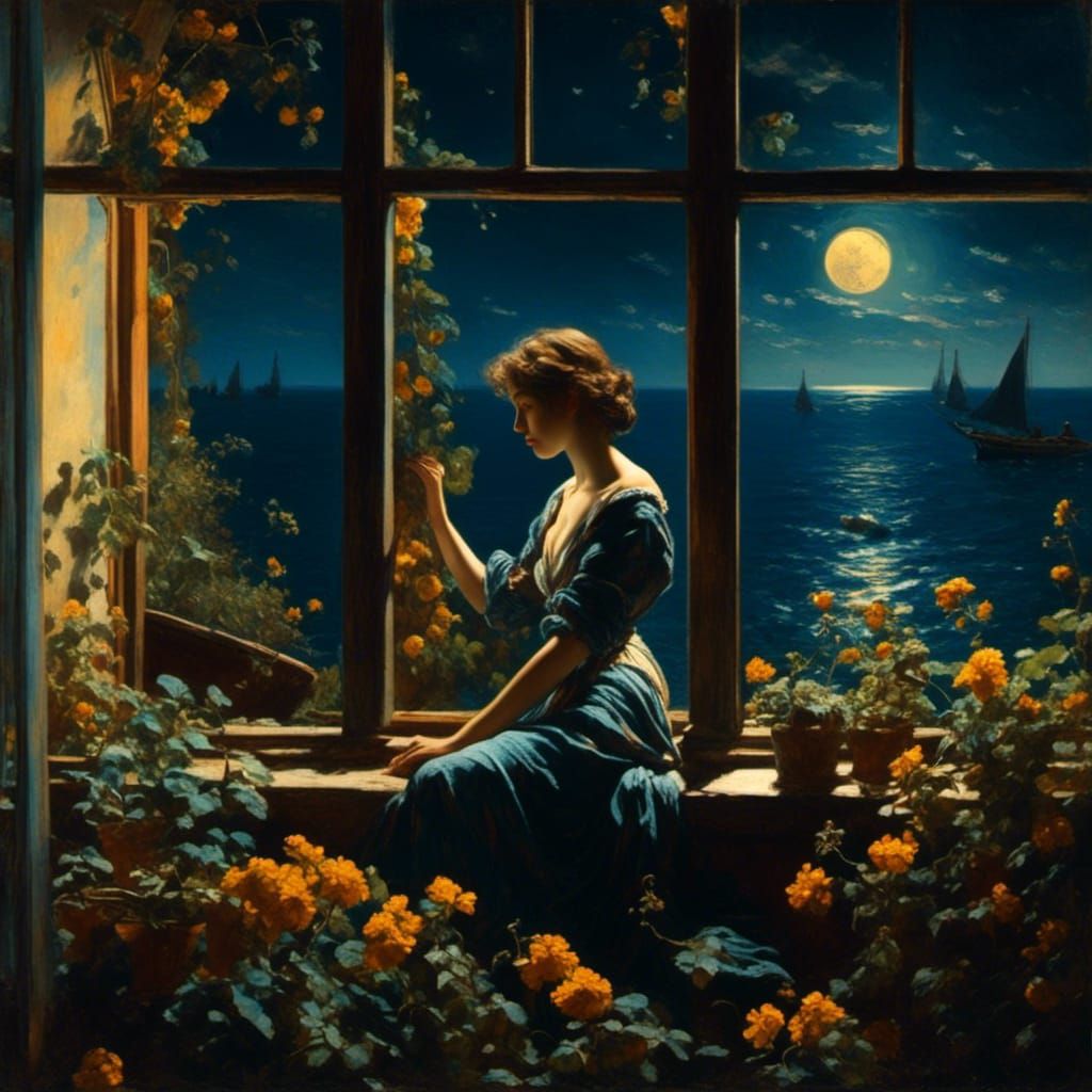 Chibi Woman Watching Boats, Chiaraoscuro Illustration