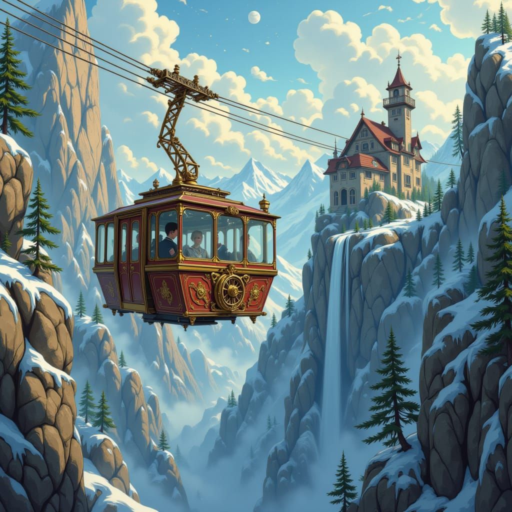 Steampunk Cable Car Ascending Alps Observatory