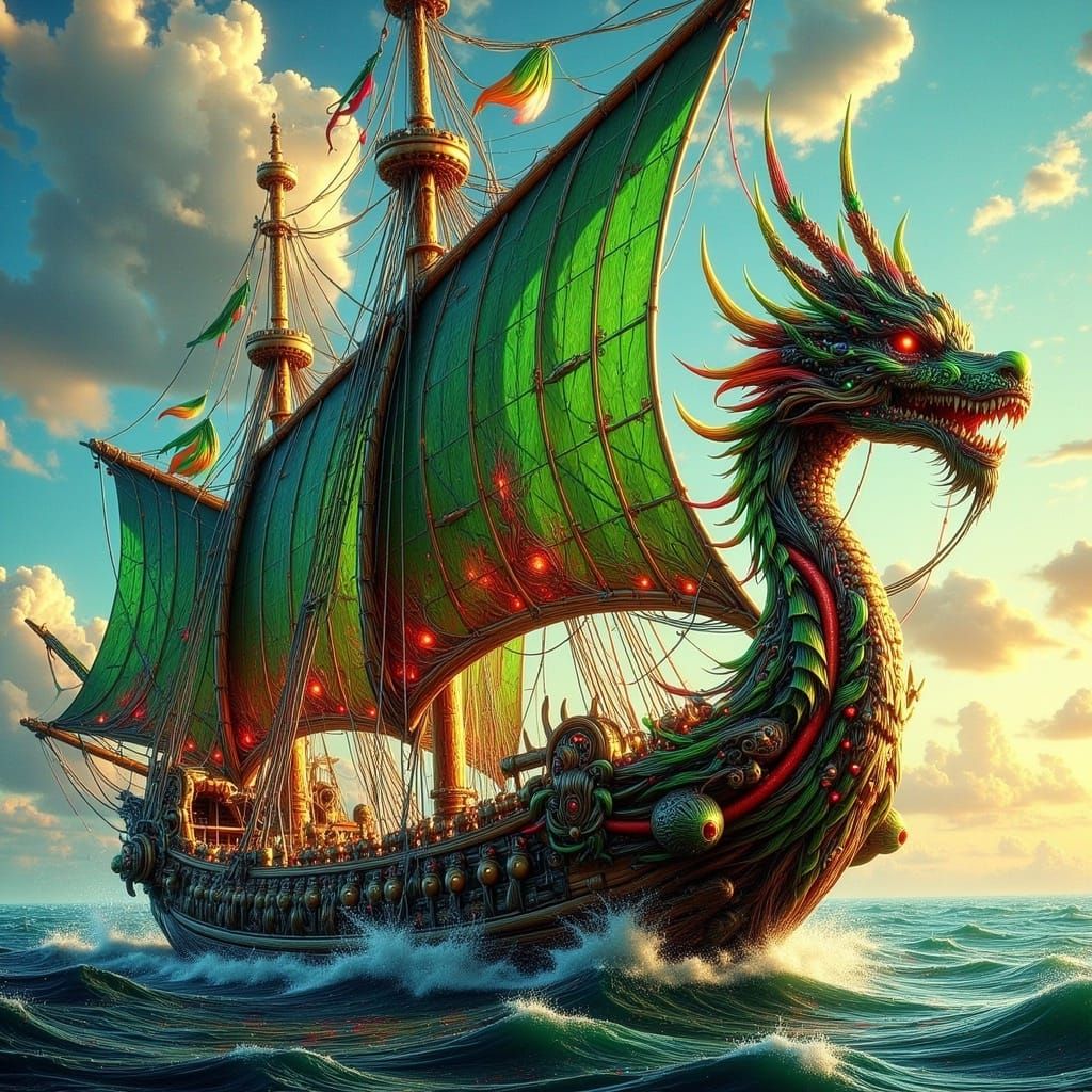 Japanese Dragon Ship Sailing the Ocean
