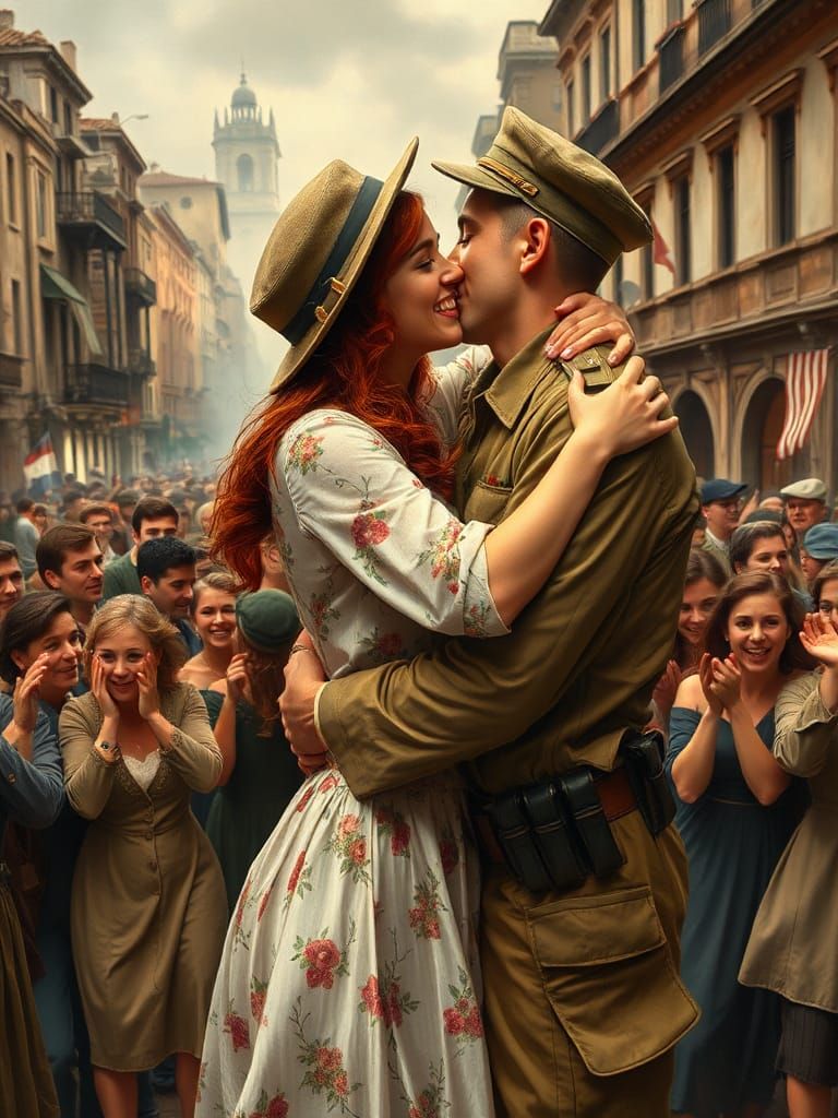 Passionate Kiss in Post-War Celebration as Oil Painting