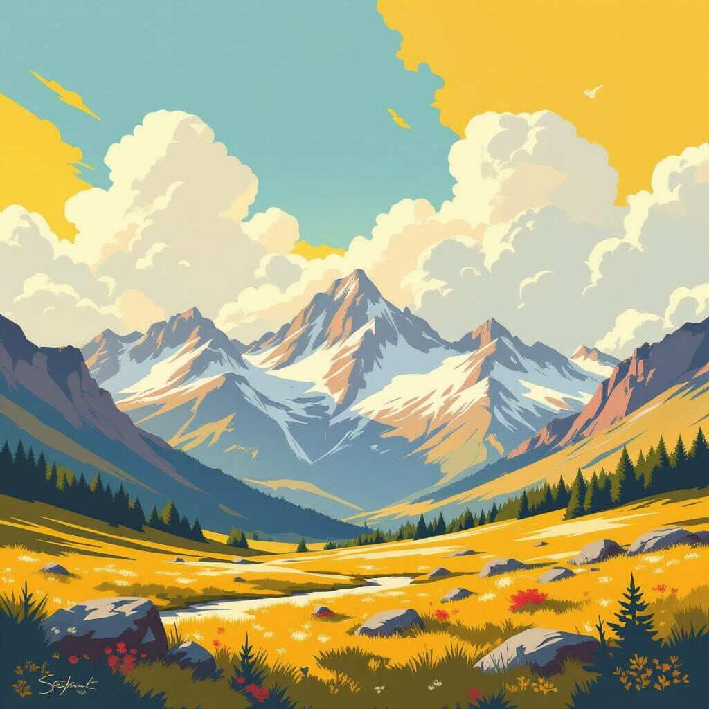 Sun-Drenched Mountains Under Yellow and Blue Sky