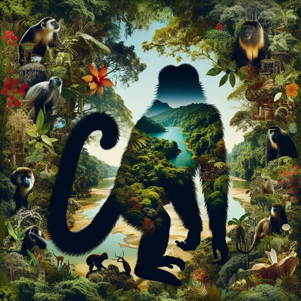 Vivid Rainforest Collage Art with Howler Monkey