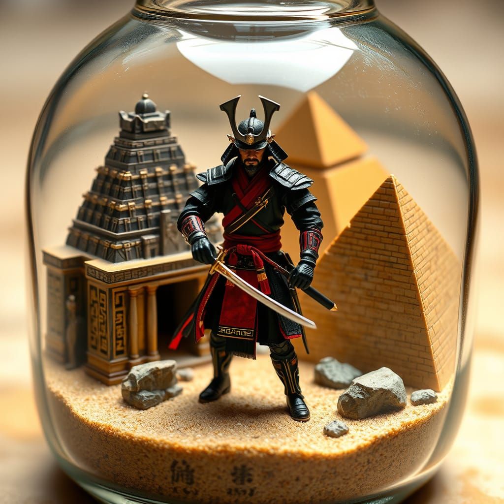 Samurai Miniature Between Sphinx and Pyramid in Bottle