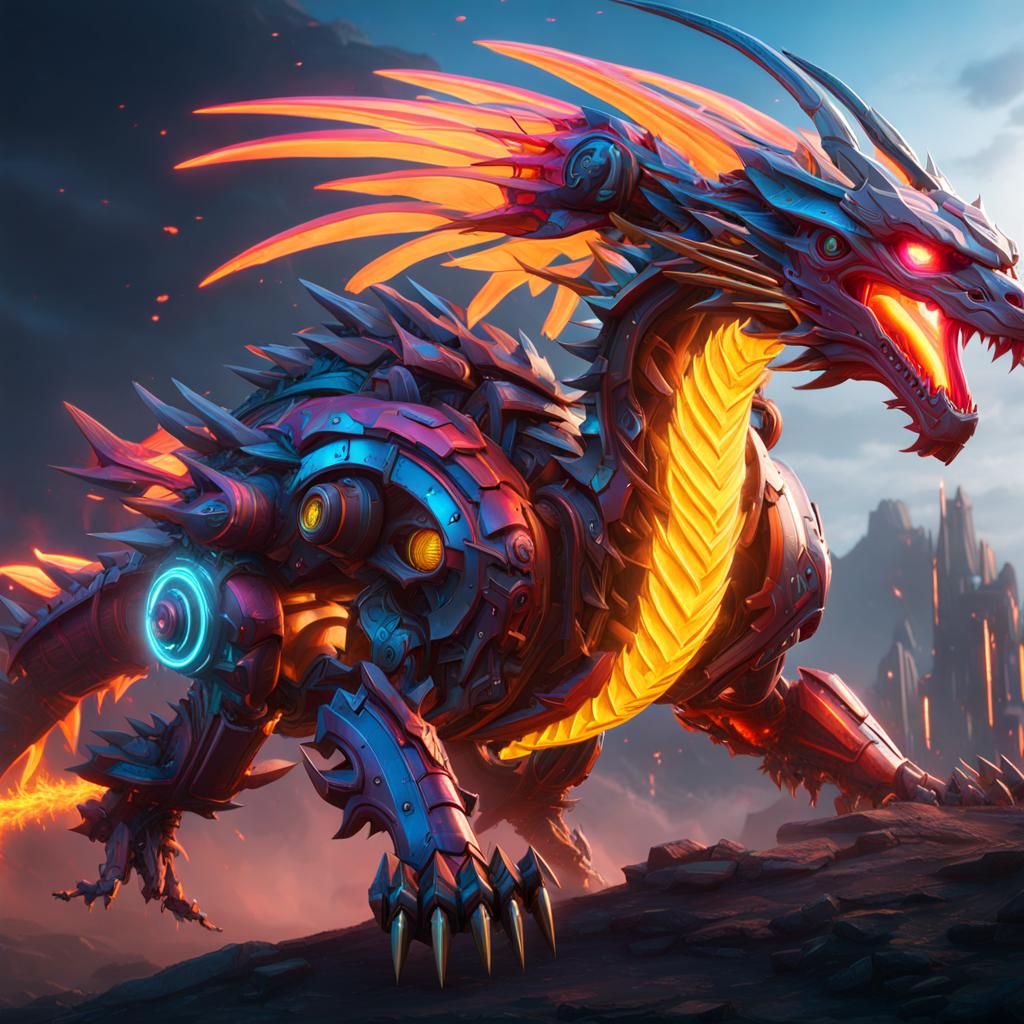 Neon Mecha Dragon Soaring Through Time Vortex