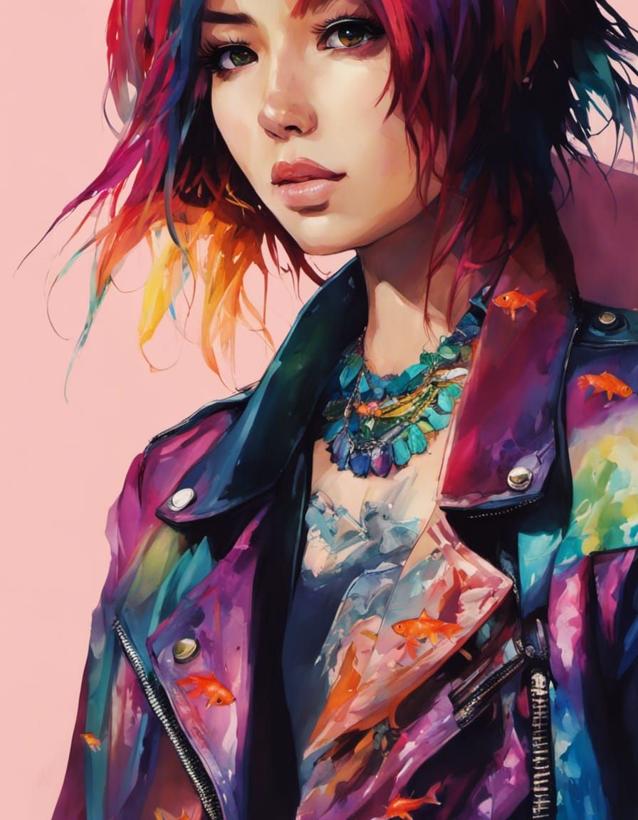Anime Woman with Rainbow Hair and Flying Fish