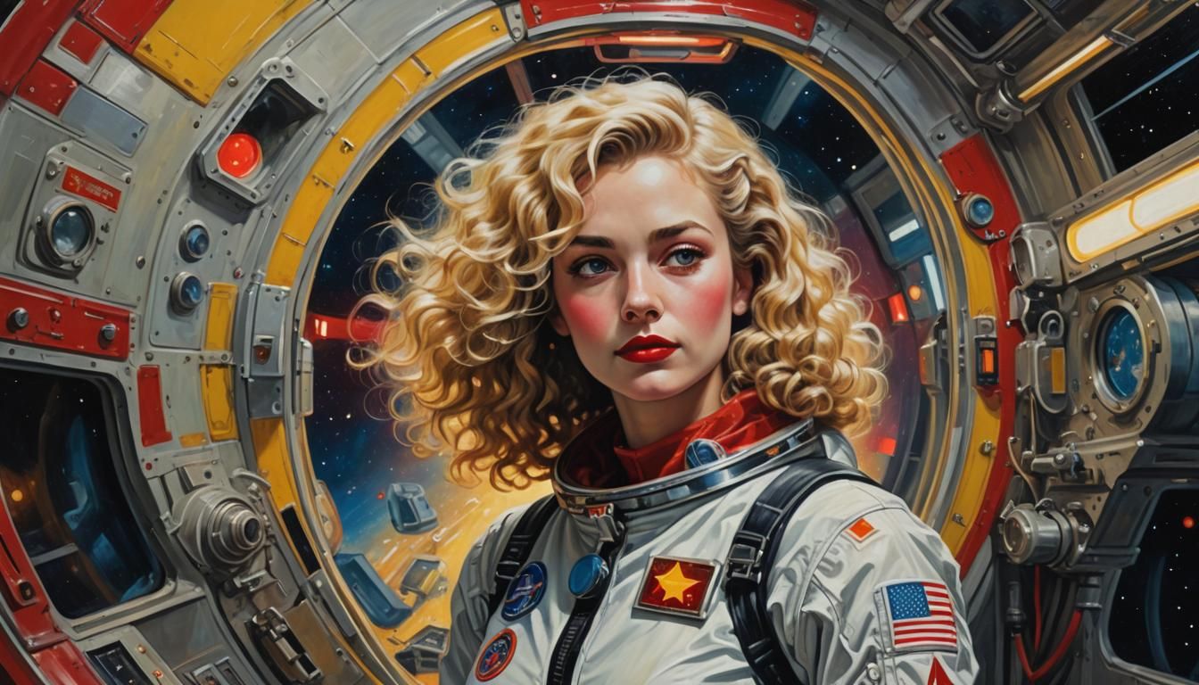 Vintage Woman in Space Suit Acrylic Painting