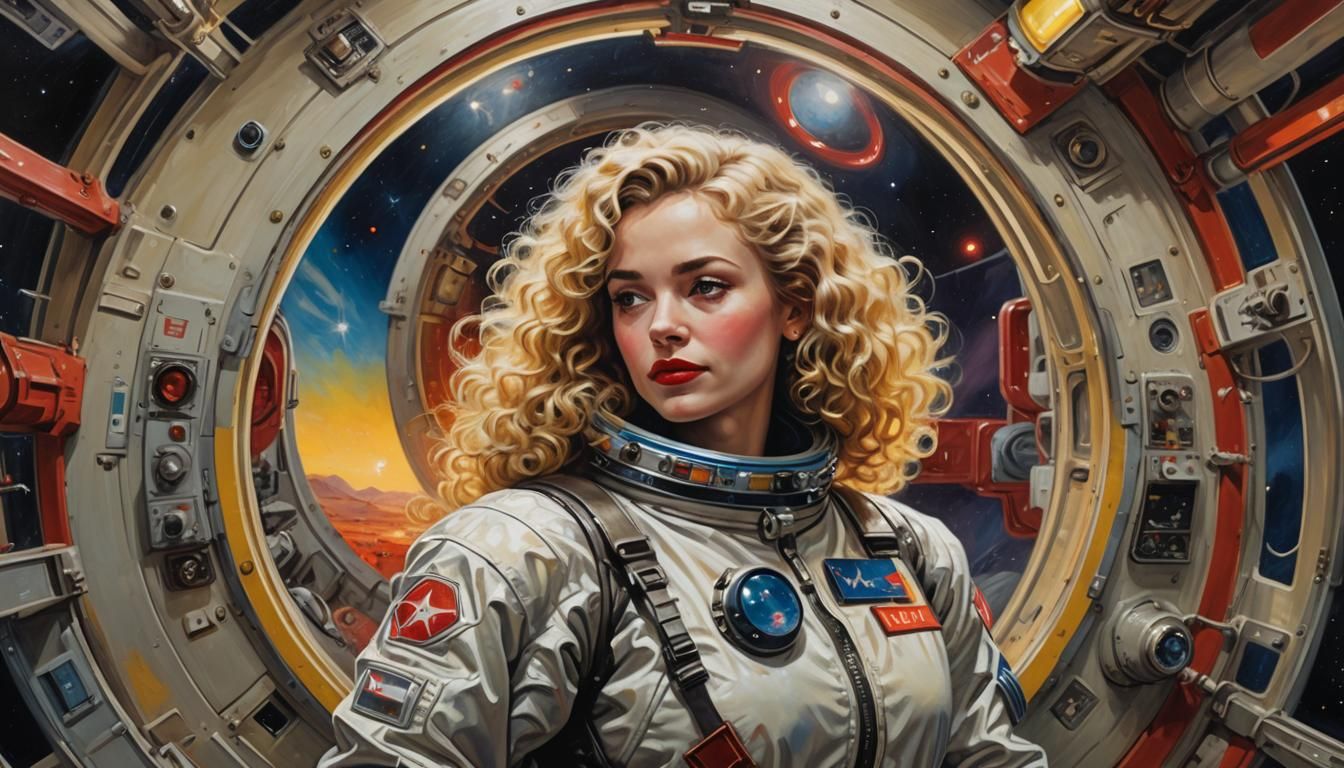 Vintage Woman in Space Suit, Acrylic Painting