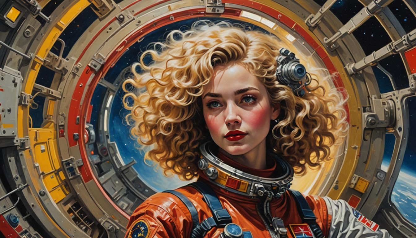 Vintage Woman in Atomic Age Space Station, Acrylic Painting