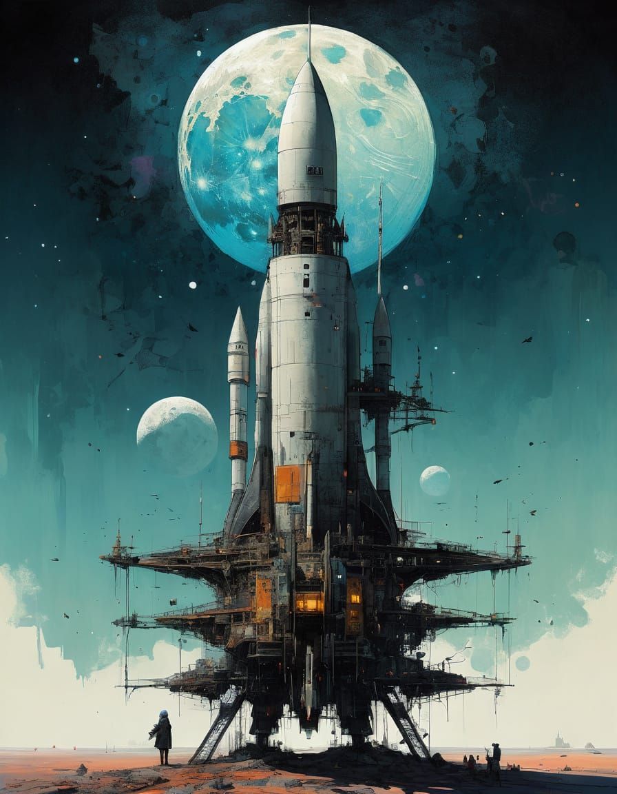 Futuristic Rocket Launch to the Moon, Detailed Matte Paintin...