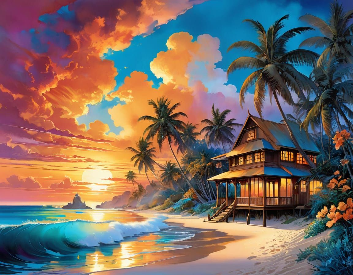 Vibrant Beach Dreamscape in Watercolor Style