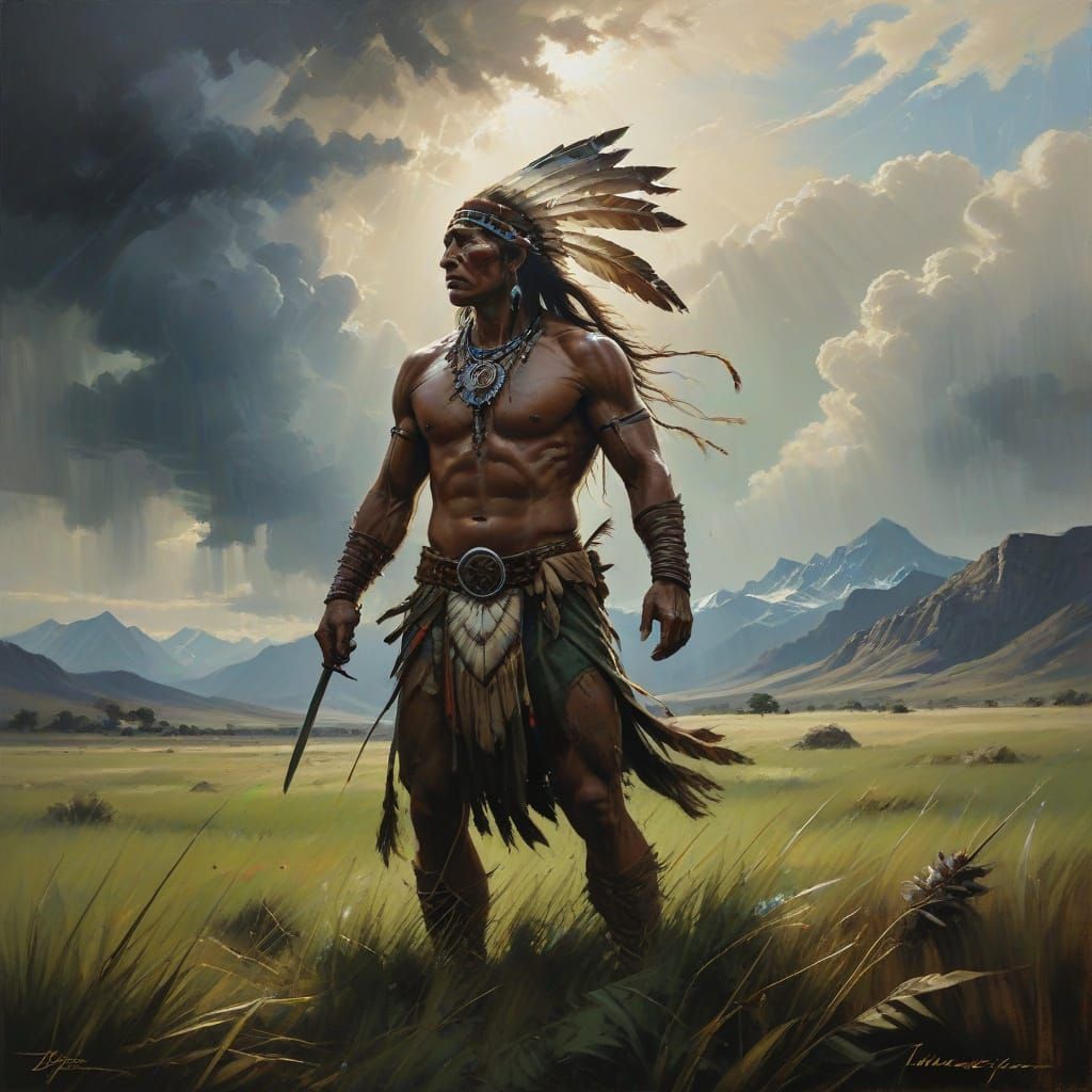 Native American Warrior in Harmony with the Plains