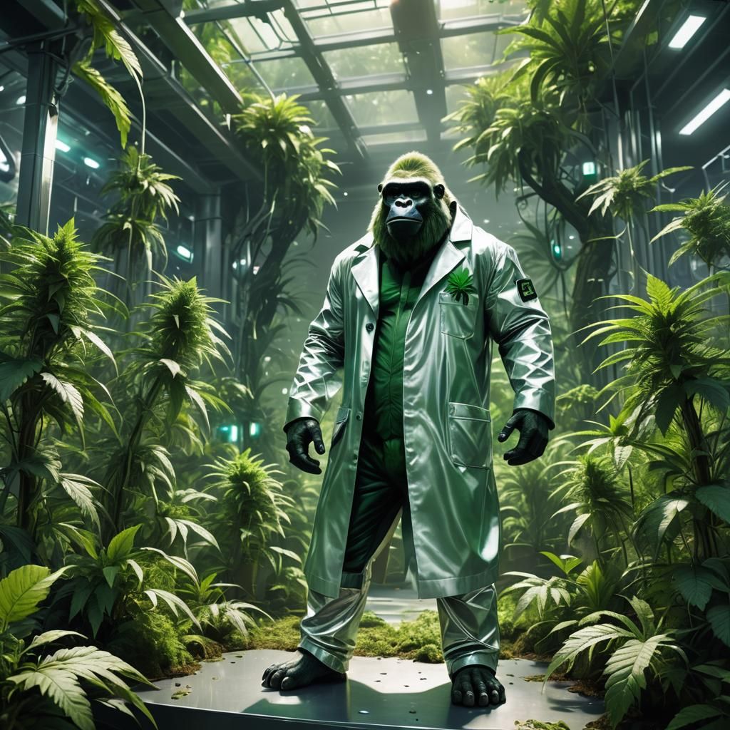 Green Gorilla King in Futuristic Cannabis Lab