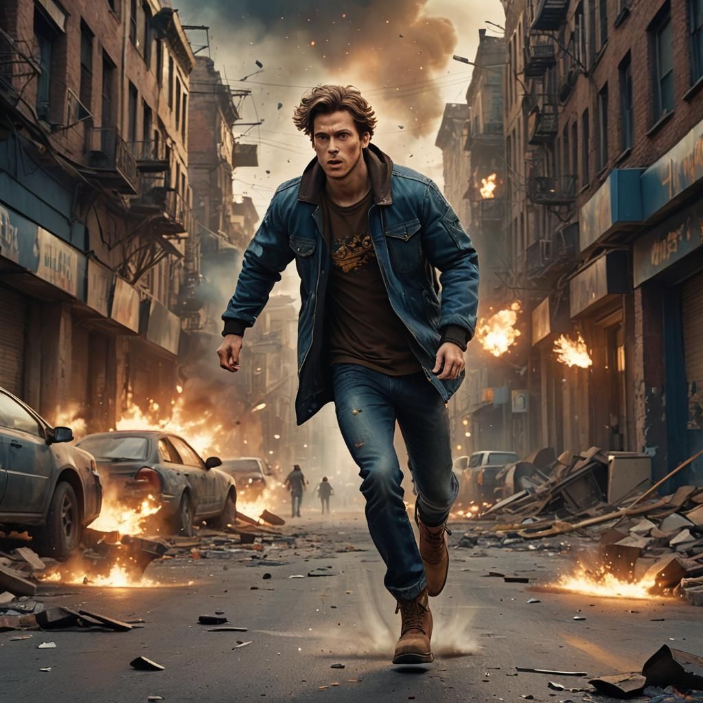 Action Scene in War-Torn City at Dusk