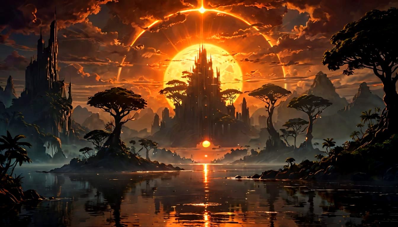 Surreal Tropical Sunset with Magical Halo in Anime Style