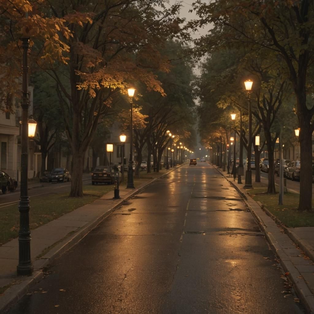 Serene Cityscape at Dusk in Surrealist Style