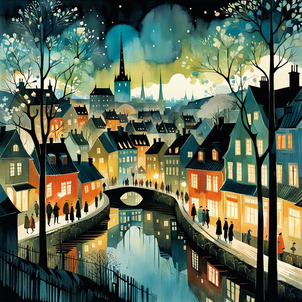 Scandinavian Spring Riverscape in Watercolor Style