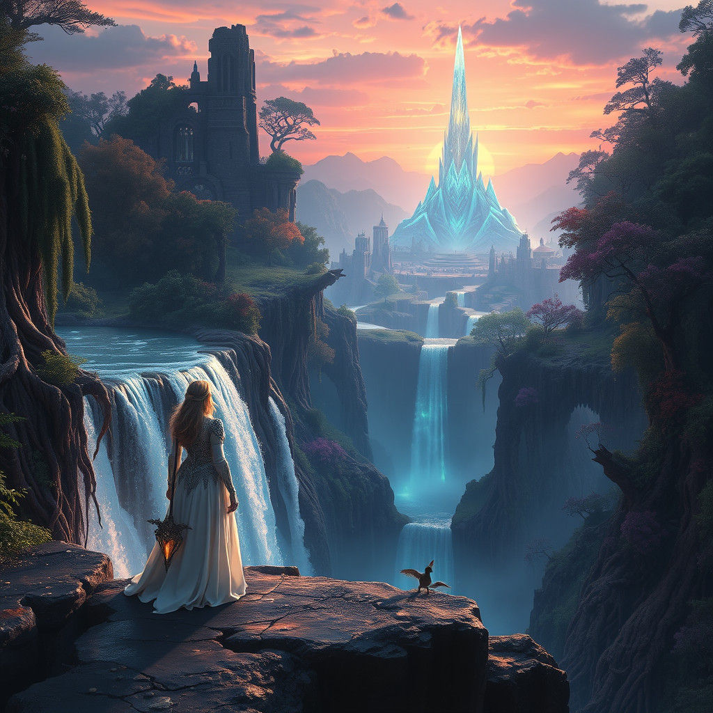 Ethereal Sorceress Overlooking Ruined City at Dusk