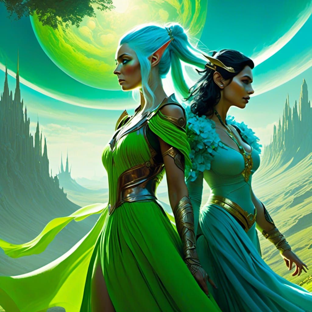 Elf Sorceress and Orc Warrior on Alien Planet