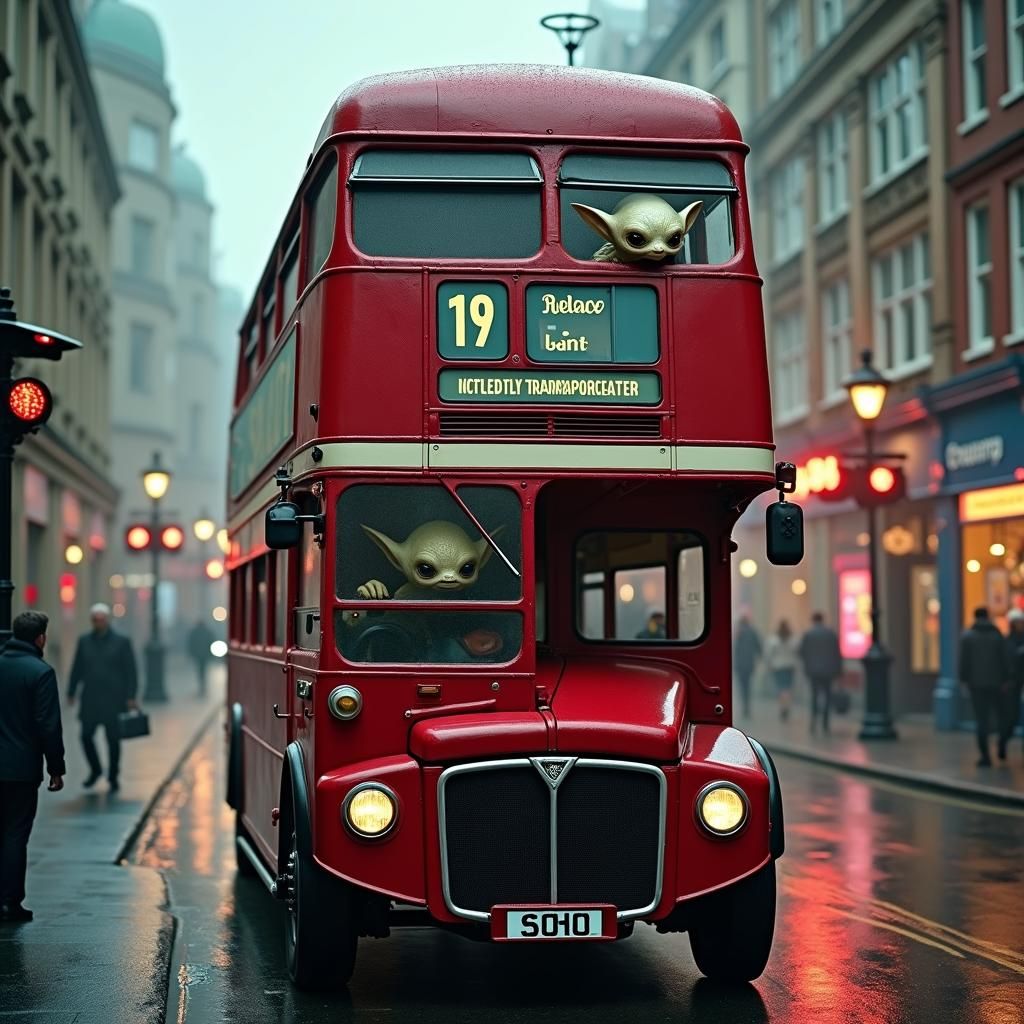 London Bus with Alien Passenger in Gritty Futurism