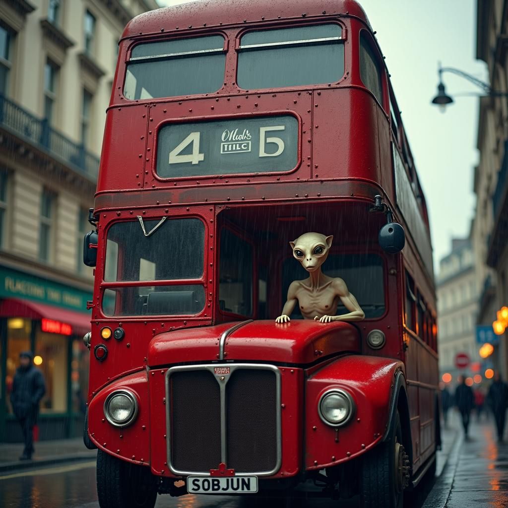 Alien on London Bus in Photorealistic Sci-Fi Scene