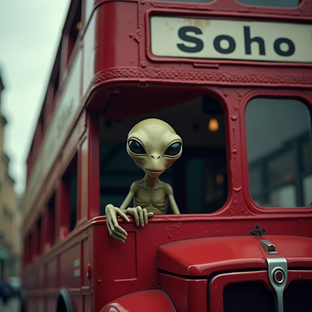 Alien on London Bus to Soho in Hyperrealism