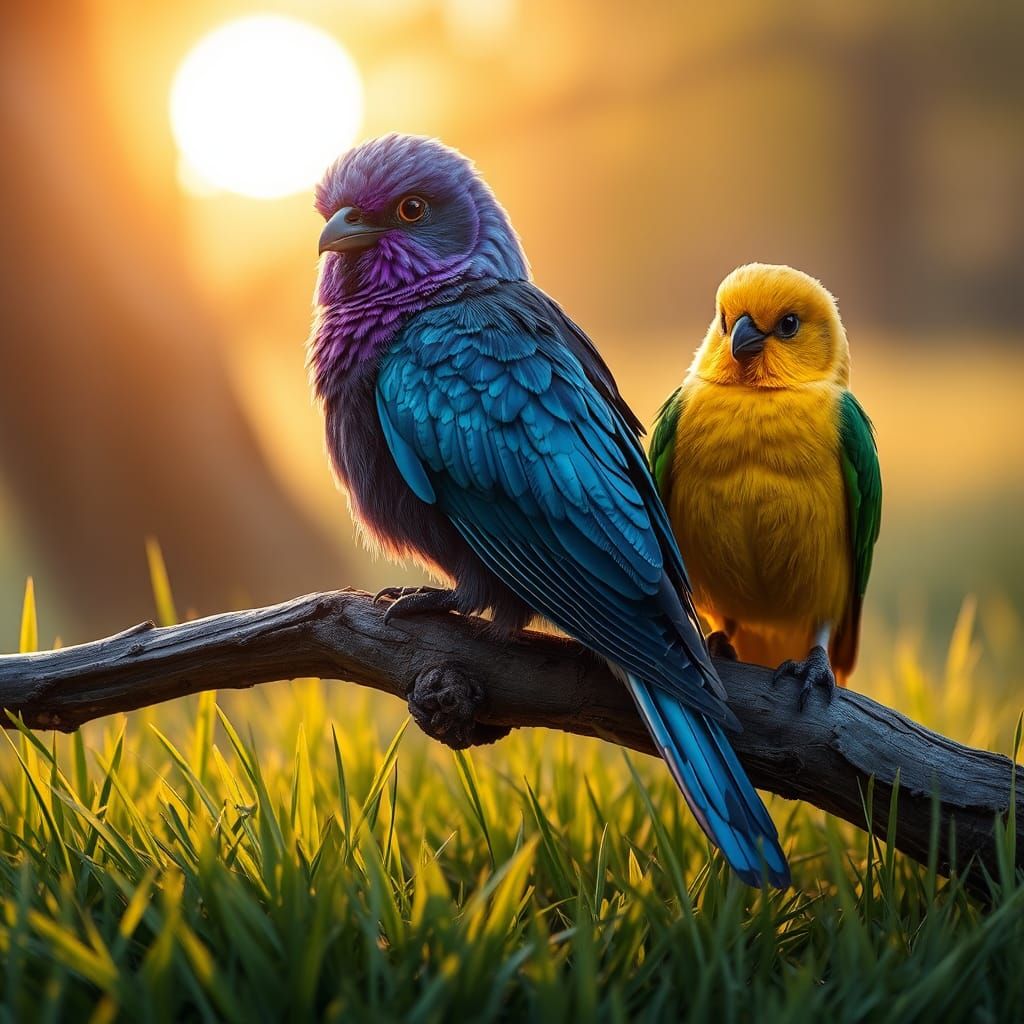 Iridescent Birds in Golden Light: Matte Painting