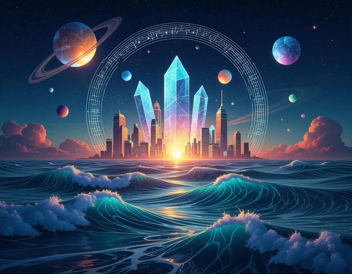 Surreal Scenery with Quantum Portal and Crystal Shards