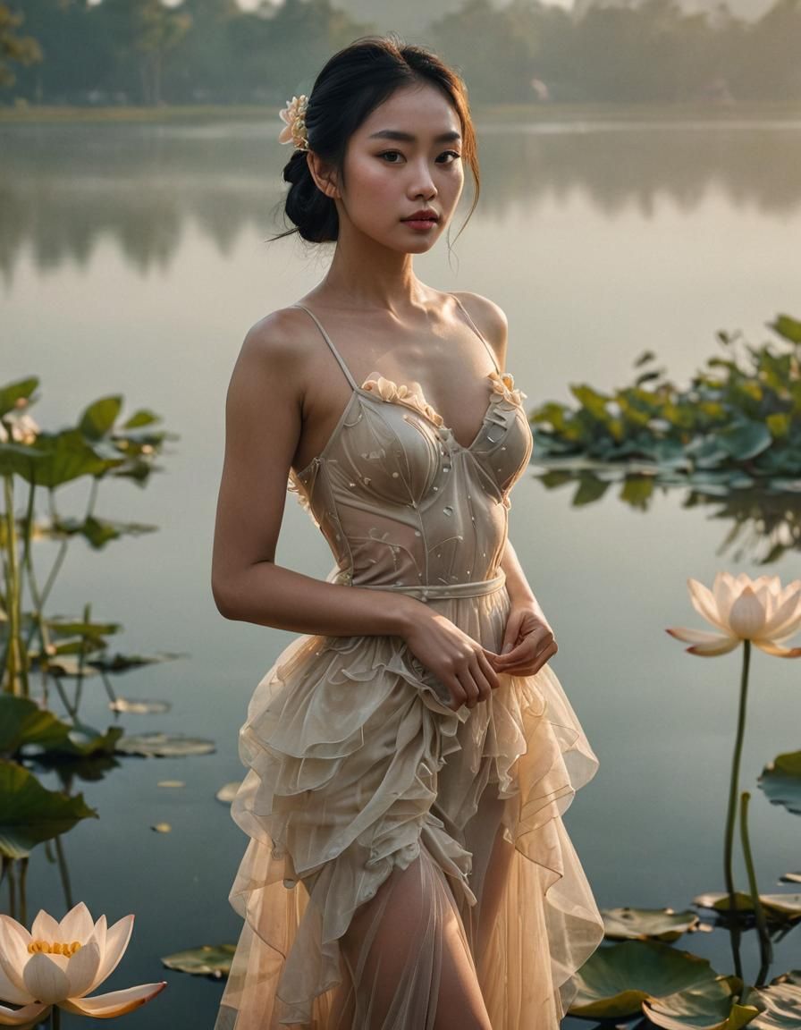 Vietnamese Woman by Lotus Lake: Hyper-Realistic Digital Art