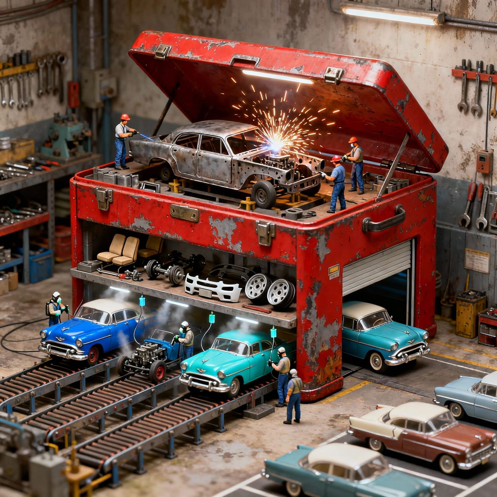 Car Factory Diorama Inside A Vintage Toolbox
