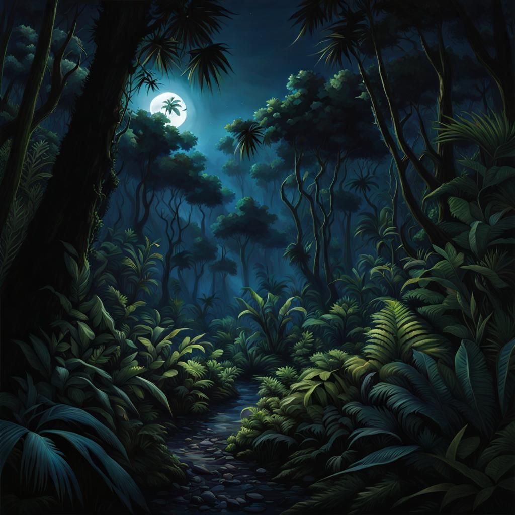Moonlit Jungle Clearing with Glowing Eyes