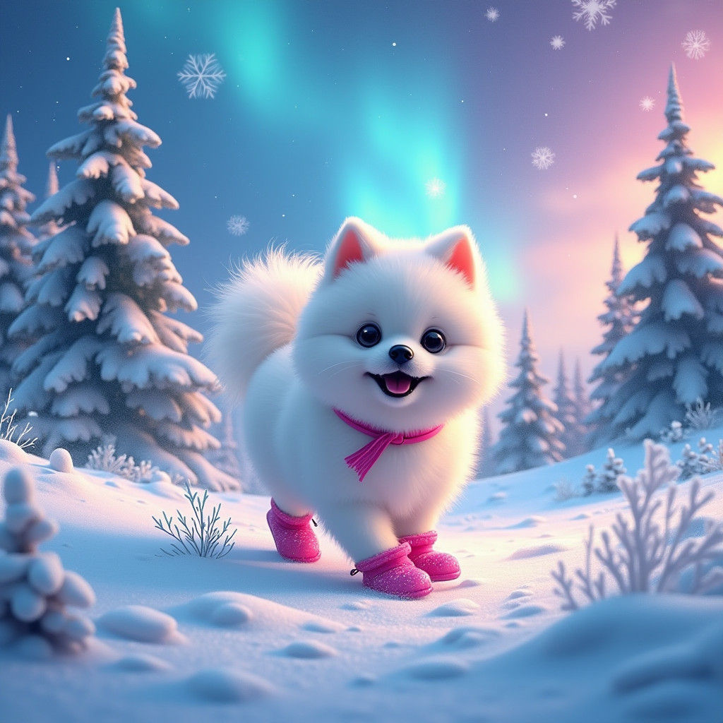 Pomeranian in Winter Wonderland: Matte Painting Style