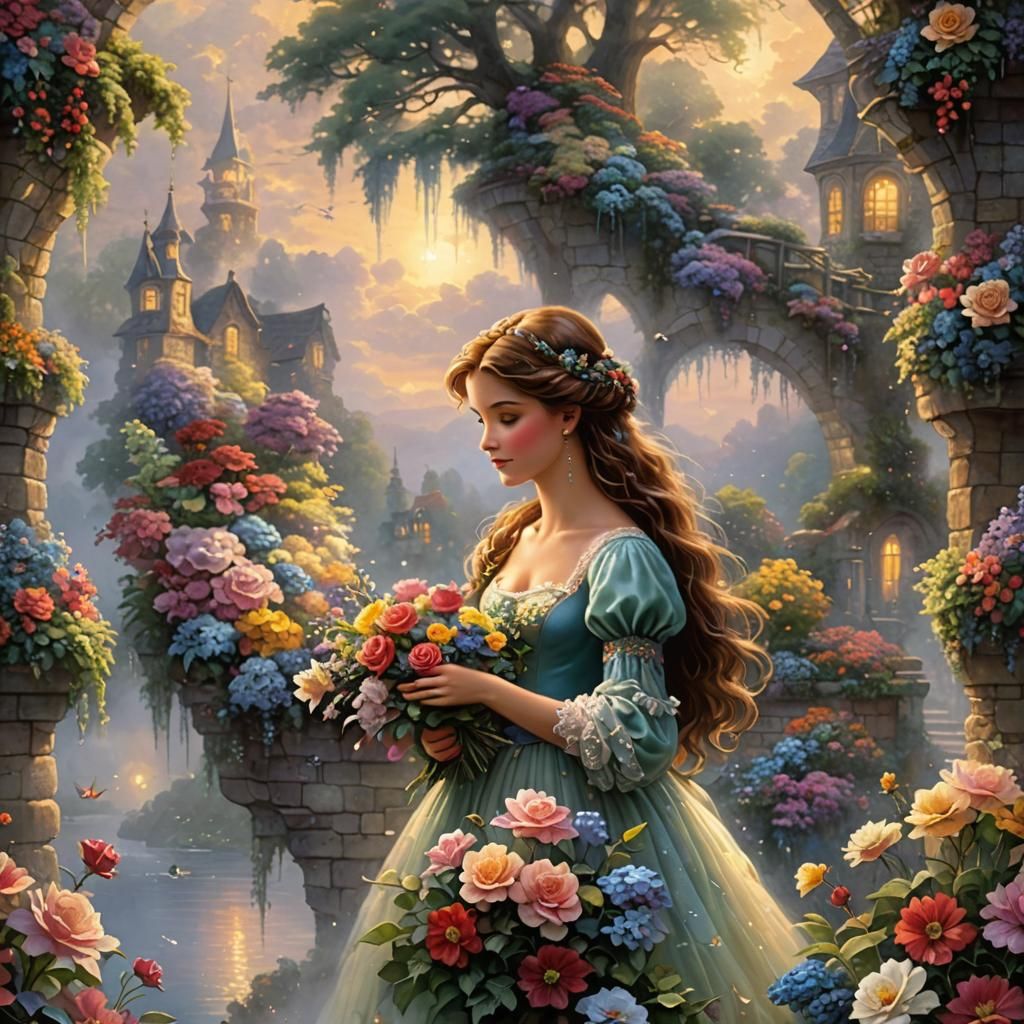 Hummingbird in Ethereal Sunset Fantasy, Kinkade Style