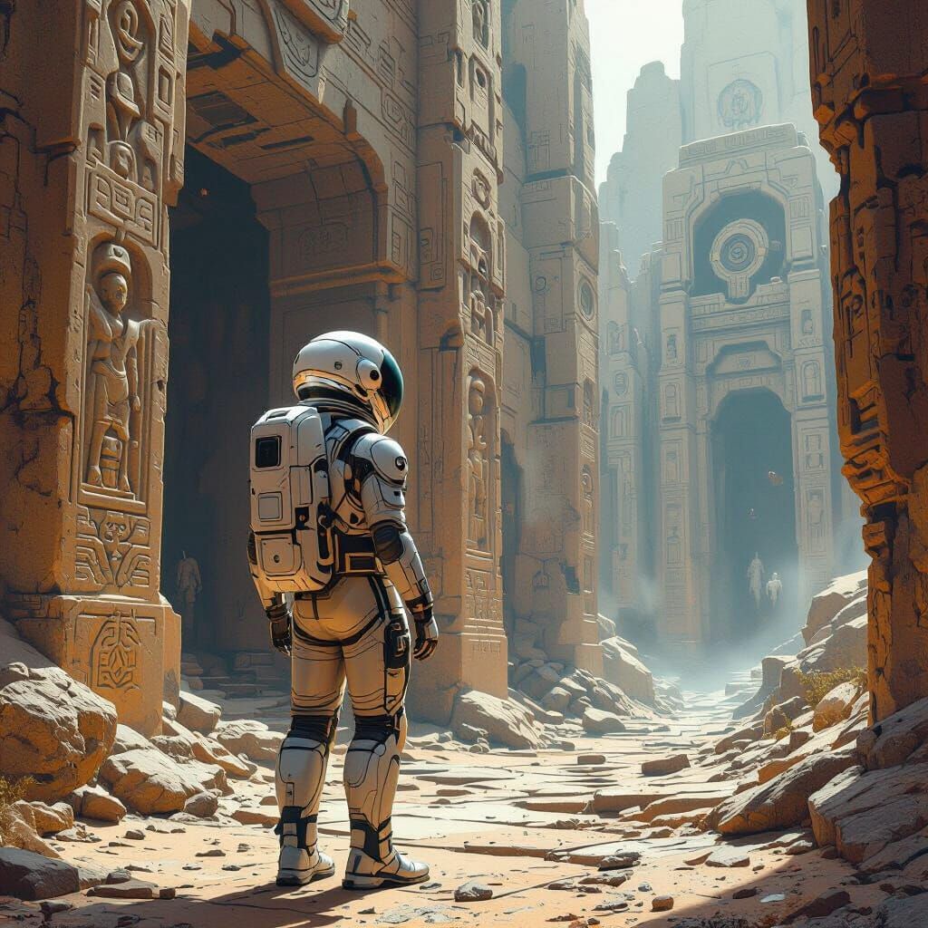 Astronaut Explores Ancient Ruins in Sci-Fi Style