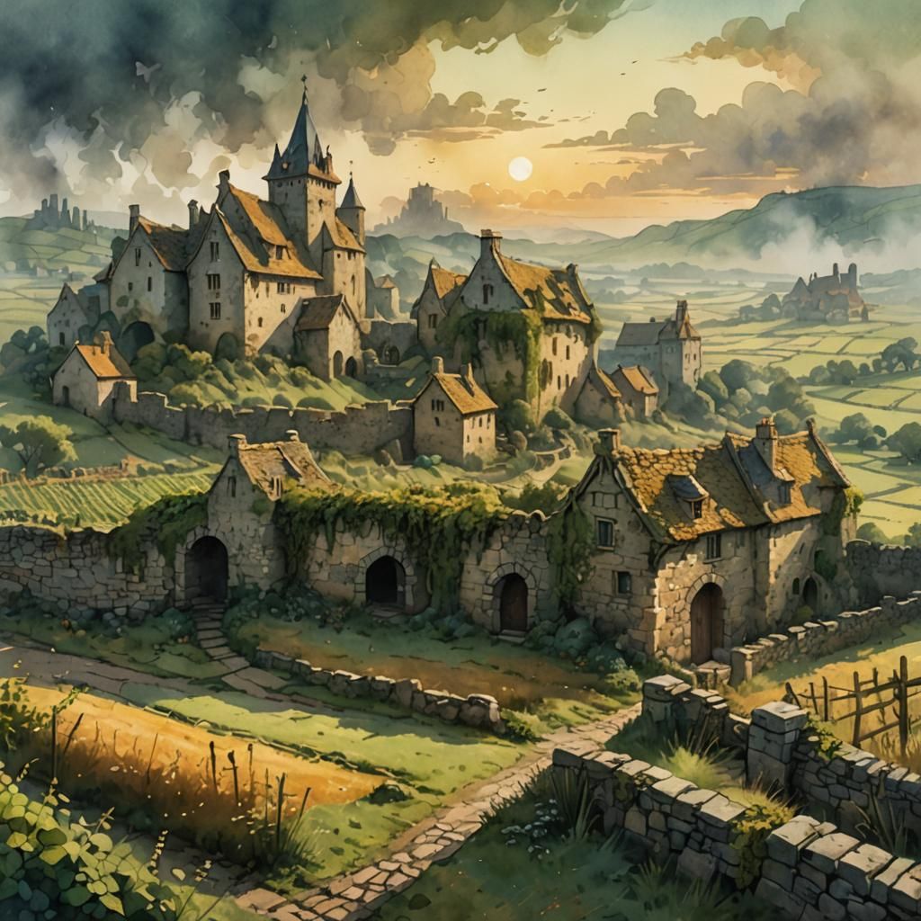 Whimsical Fantasy Village in Golden Light