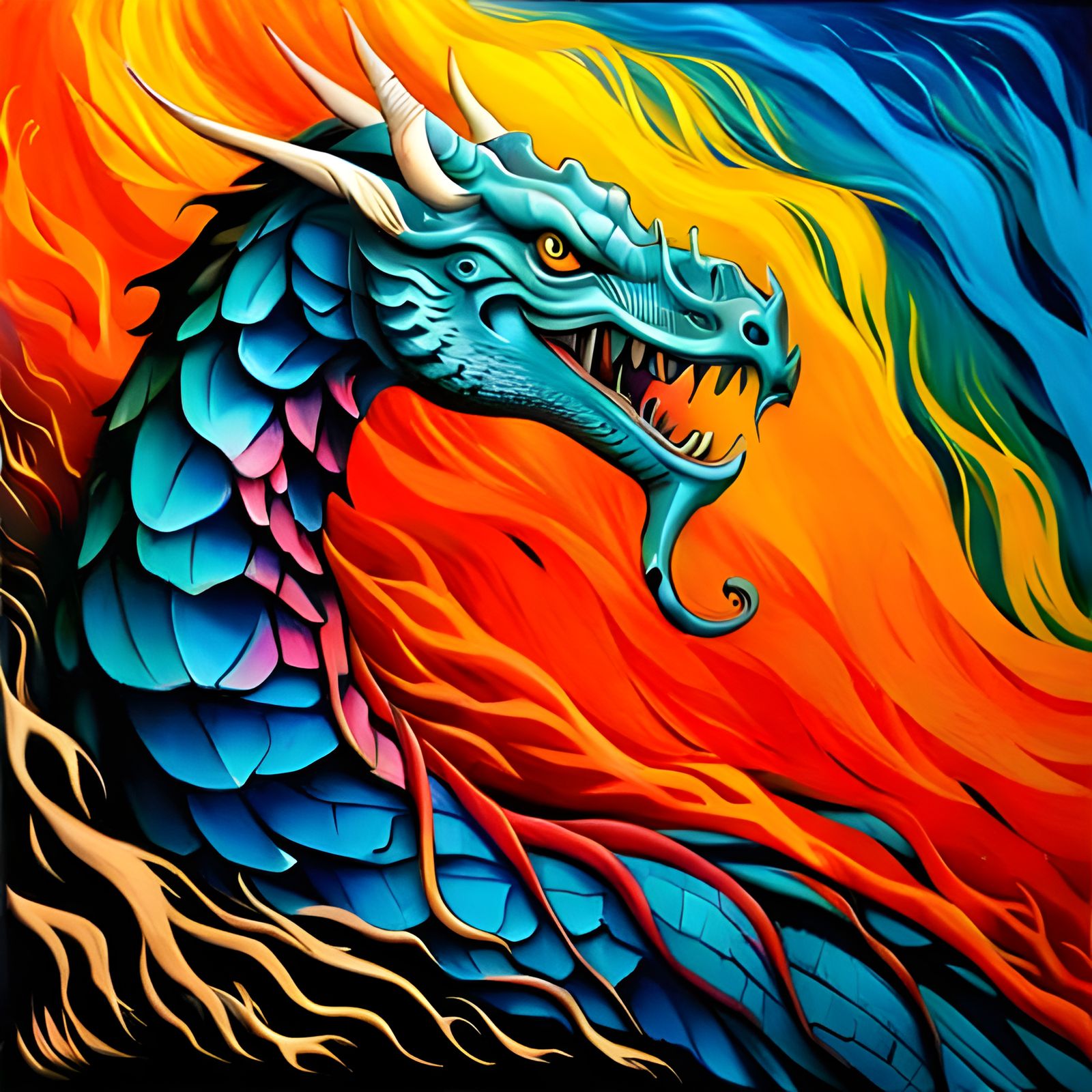 Colorful Dragon Graffiti Art, Mixed Media Style