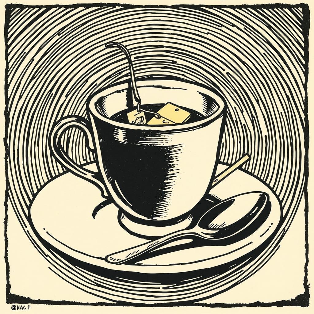 Tea Cup Still Life in Woodcut Linocut Style