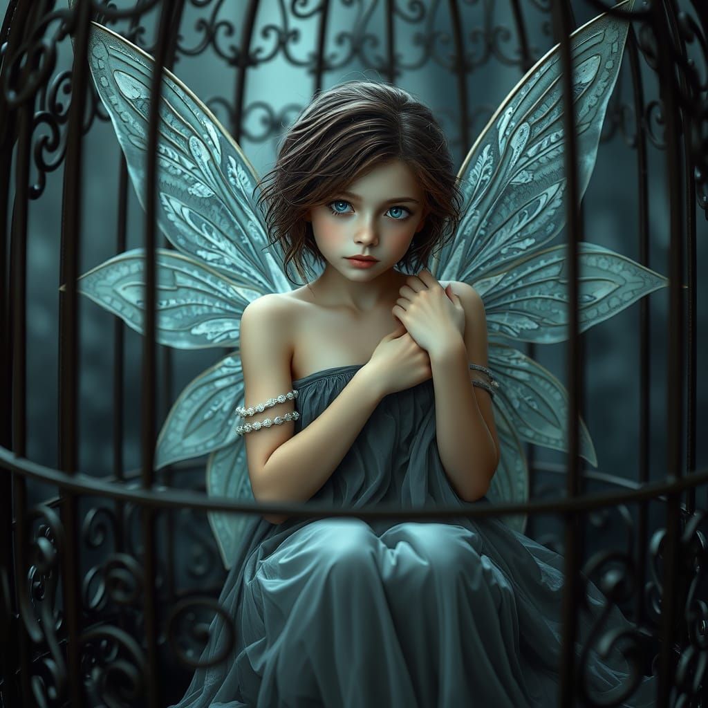 A young fairy with piercing blue eyes locked in a metal cage.